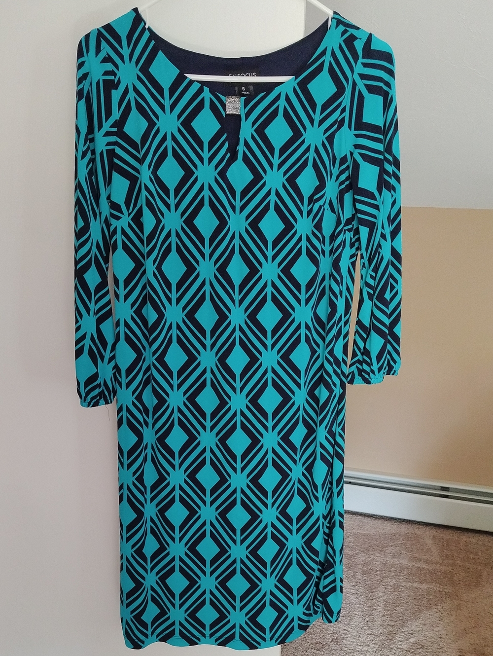 Enfocus Studio Turquoise & Navy Long Sleeve Geometric Sheath Dress